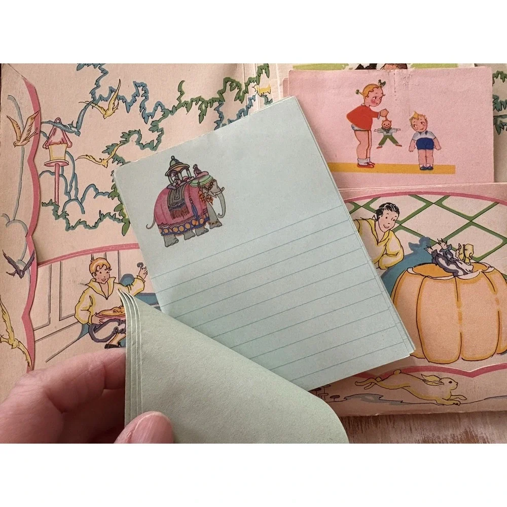 Vintage childrens stationery writing paper pink blue envelope Skeezix illus 1930
